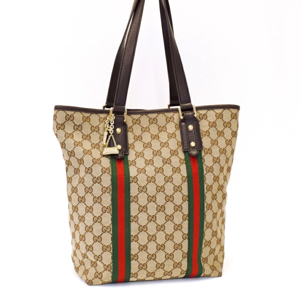 Gucci Tote Bag Shoulder Sherry Web GG Canvas Leather Beige Cream Brown
